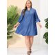 thumbnail image 2 of Vestido de mujer de talgrande con mangas enrollables por encide rodilla, informal, con cinturón, vestido camisero de mezclilAzul vaquero XXL, 2 of 5