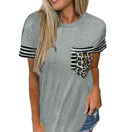 

Dtydtpe Womens T Shirts Round Neck Short Sleeve Striped Color Block Leopard Pocket Casual Tops Blouse Long Sleeve T Shirt Women under Scrubs Womens Long Sleeve Tops Polyester Lightweight Shirt fo