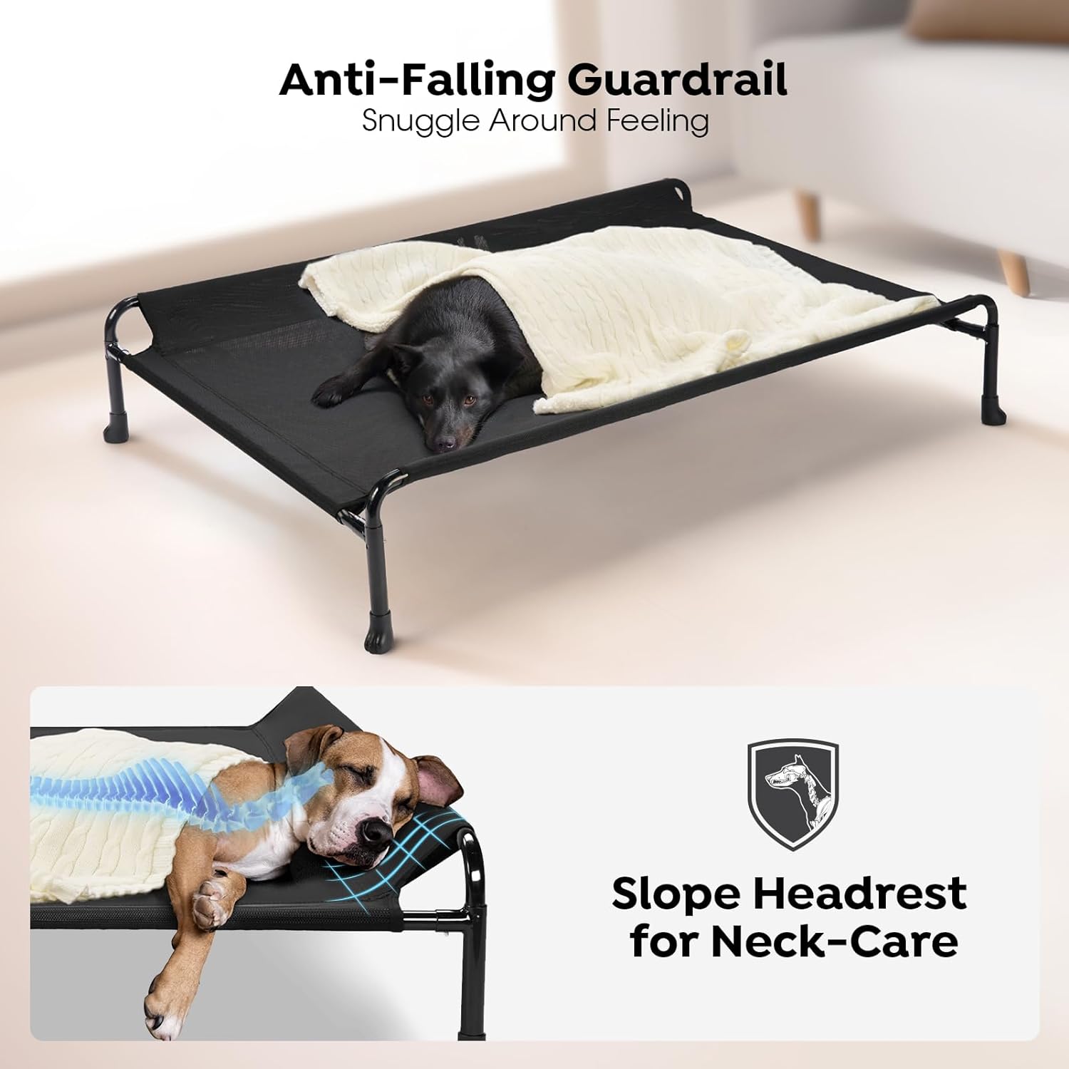 Elevated Dog Bed, Raised Dog Cots for Large Dogs, Waterproof Outdoor Dogs Bed, Cooling Pet Hammock with Guardrail, Upgraded Non-Slip Feet, Breathable Teslin Mesh, Black, 41 x 27 inches