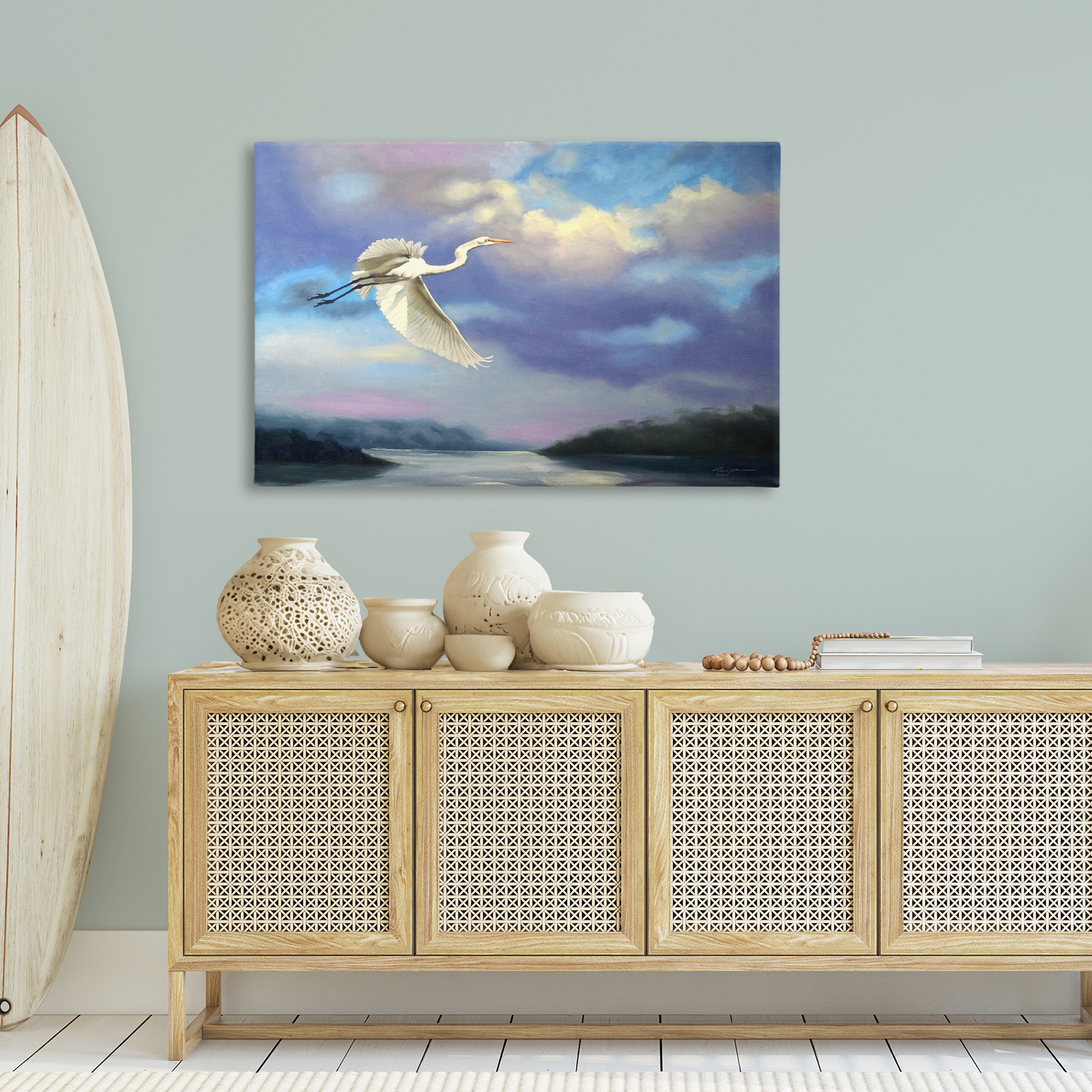 Stupell Industries Egret Over Clouds Landscape Painting Gallery Wrapped Canvas Art Print Wall Art, 45 x 30