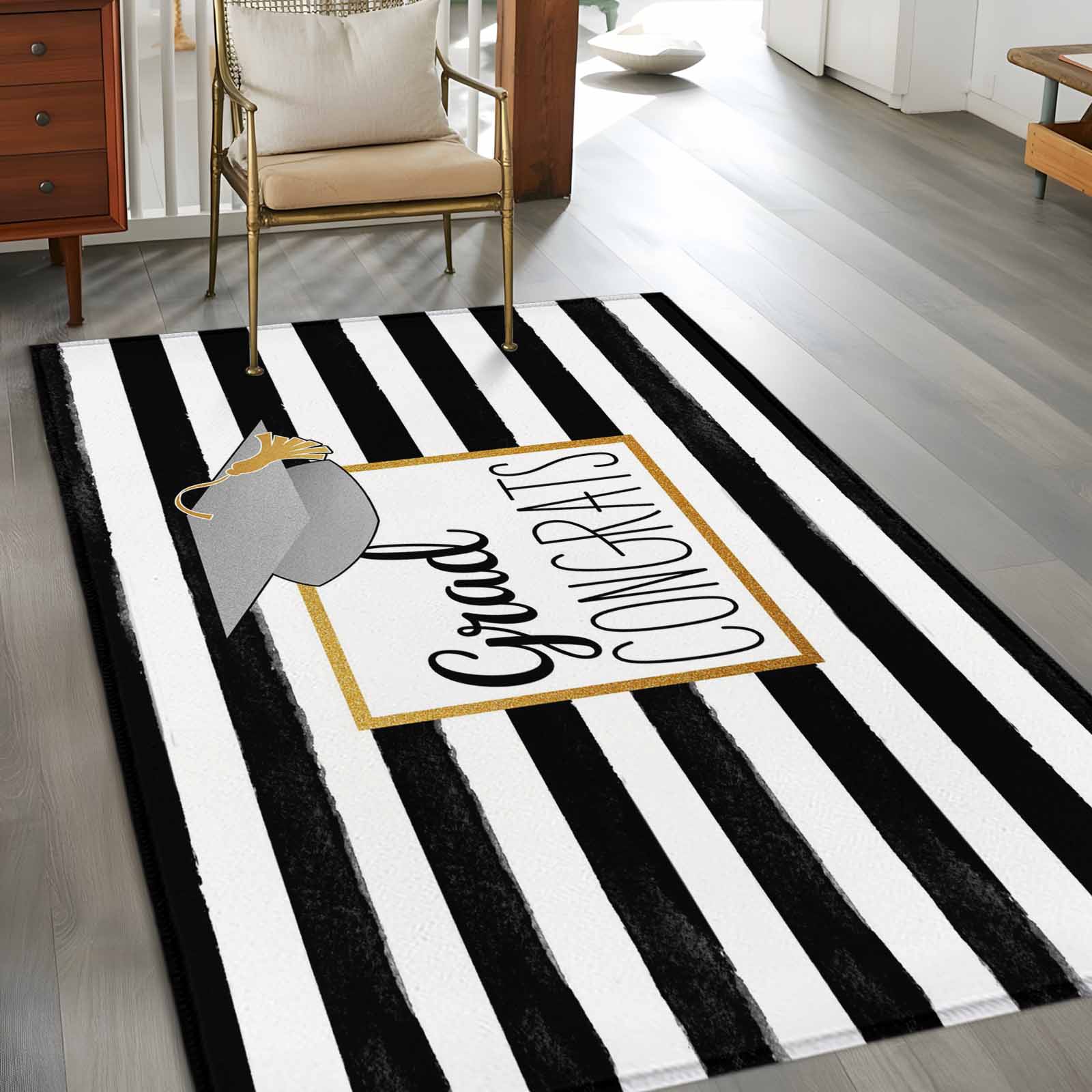 Rectangle Area Rug 4x6ft, Graduation Hat Golden Lines Border Non-Slip Non-Shedding Floor Mat, Black White Stripe Washable Sturdy Carpet for Living Room Bedroom Home Decor