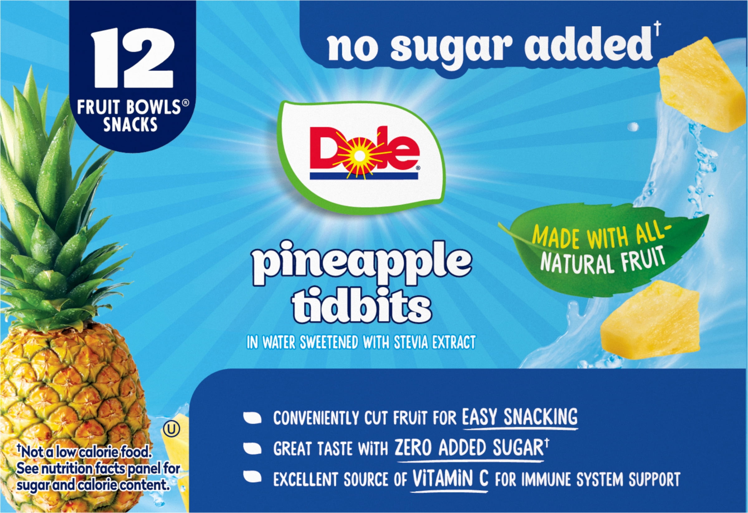 Dole Fruit Bowls No Sugar Added Pineapple Tidbits, 4 oz Cups (12 Pack)