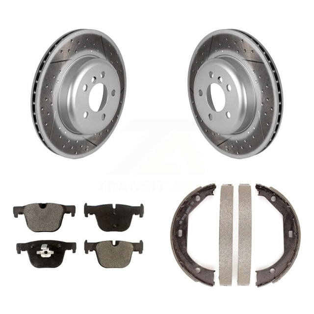 Transit Auto Rear Disc Coated Rotors Ceramic Pads and Parking Brake Shoes Kit for Car BMW 340i GT xDrive KGT-103700