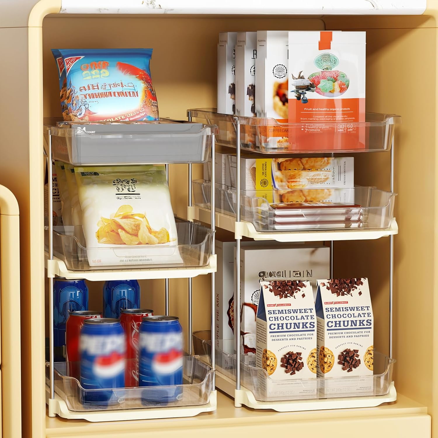 2 Pack 3-Tier Bathroom Under Sink Organizers and Storage, Multi-Purpose Stackable Pantry Organization and Storage, Pull Out Clear Kitchen Bathroom Cabinet Organizer with Movable Dividers, Beige