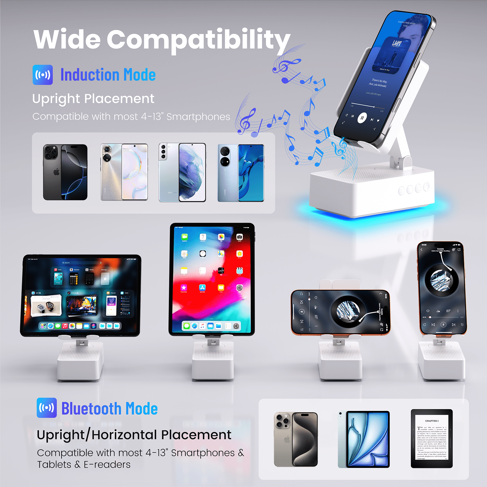 Wireless Induction Audio Bluetooth Speaker, Cell Phone Stand with Wireless Bluetooth Speaker, Unique Gifts for Men/Women, Adjustable Phone Holder with Colorful Ambient Light for iPhone/iPad