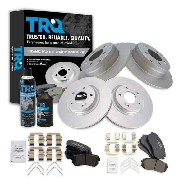 TRQ Front & Rear Ceramic Brake Pad & Coated Rotor Kit w/Fluids for Sonata Optima BKA23334