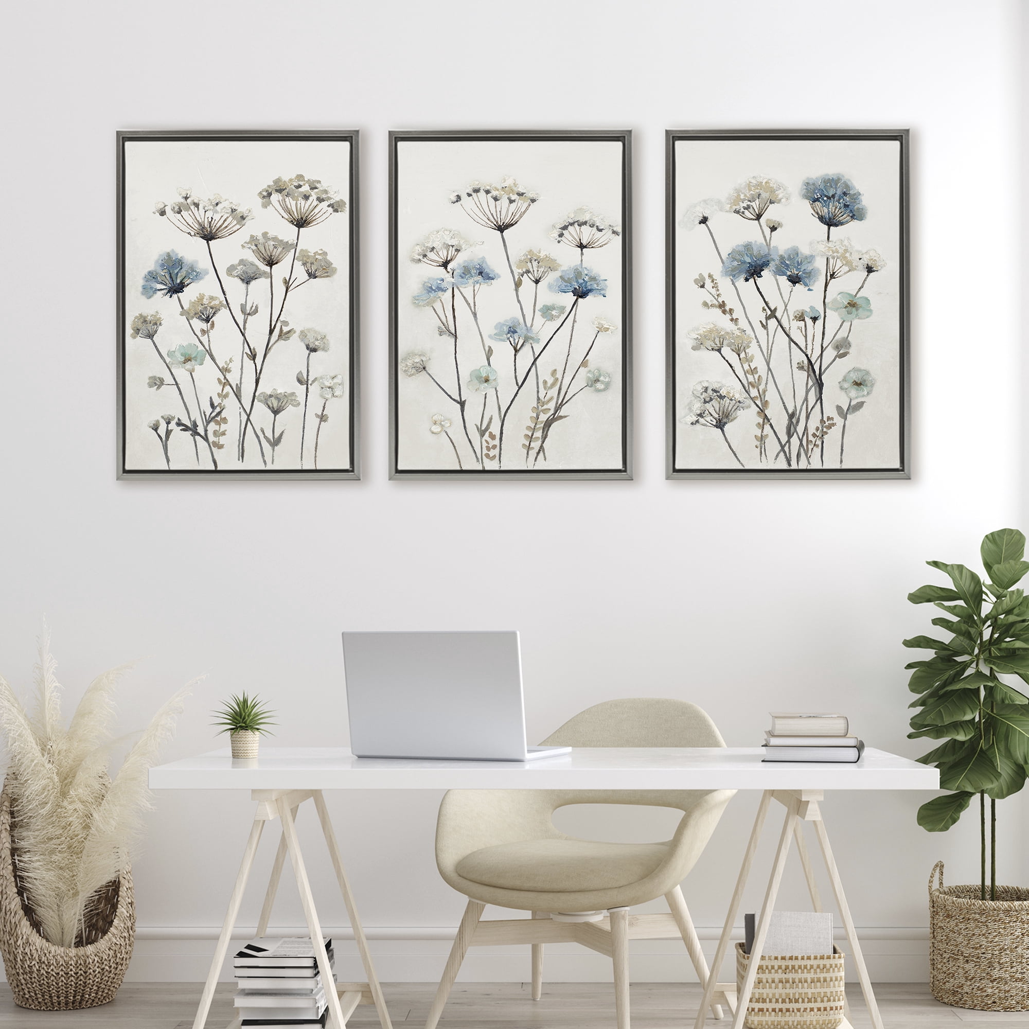 Stupell Industries Neutral & Blue Garden 3 Piece Gray Framed Floater Canvas Set, design by Patricia Pinto