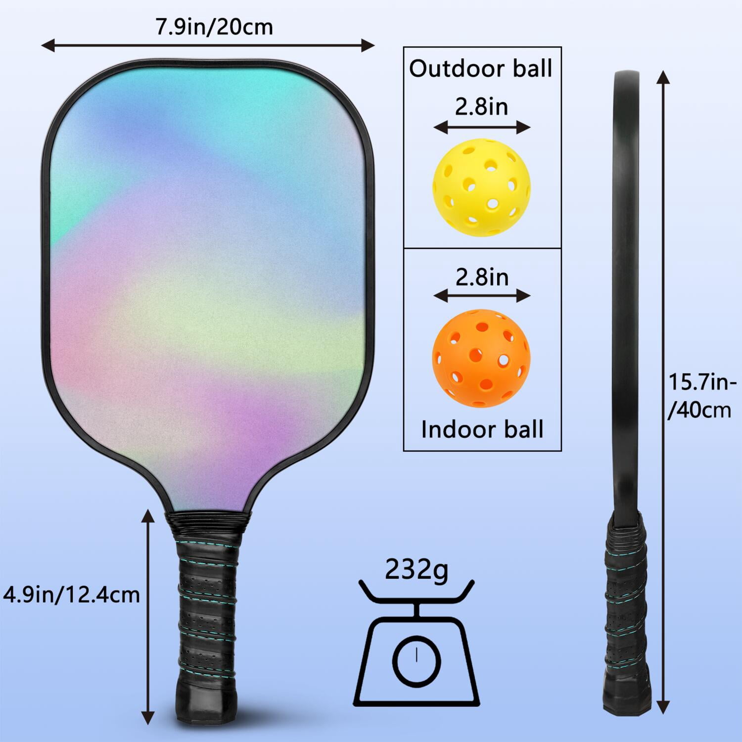 Pickleball Paddles Set Of 1, Fiberglass Surface, Vibrant Rainbow Print, 1 Paddle, 2 Balls & Bag