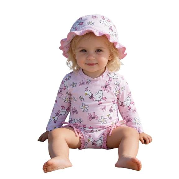 ibiyuan One Piece Toddler Girl Bathing Suit Tankini Bathing Suits for Girls Adjustable Strap Cute Pattern Print Bikini Set Drawstring Rash Guard Swimwear with Cover Up Pants,10-Pink