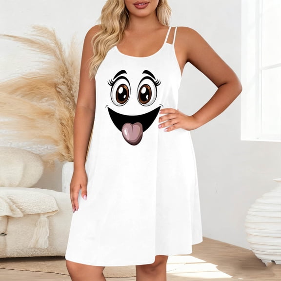 Xdegoge Casual Dress for Women Loose Fit Spaghetti Strap Scoop Neck Mini Dresses Funny Graphic Print Vacation Dress Casual Summer Beach Holiday Wear