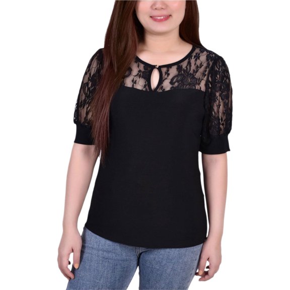 NY Collection Womens Puff Lace Sleeve Knit Blouse, Black, Petite, PXL