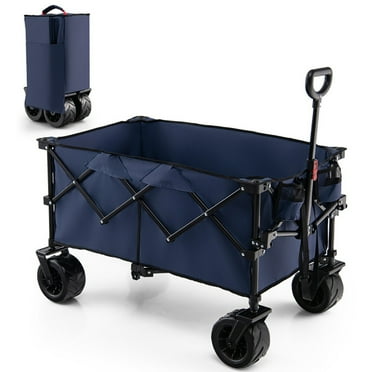 Canddidliike Folding Utility Garden Cart with Wide Wheels and Adjustable Handle-Blue, Collapsible Folding Wagon for Camping, Shopping, Sports
