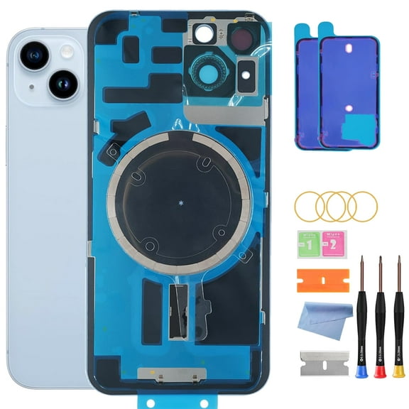 Back Glass Replacement for iPhone 14 ( 6.1- inch, ModelsA264A2632 / A2634) with Pre- InstalledAdhesive Plate /Camera Frame / Lens / Repair Tool Kit（Blue）