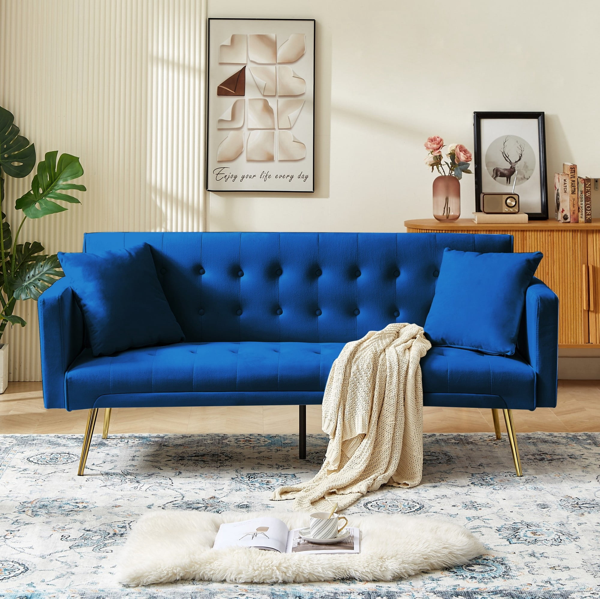 Leumius Velvet Futon Sofa Bed,Adjustable Convertible Folding Sleeper Couch Bed for Compact Living Spaces,Blue 02