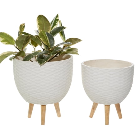 DecMode 14 13 H Diamond Patterned White Ceramic Geometric Planter with Wood Tripod Legs (2 Count)