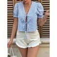 thumbnail image 3 of Women'S Gingham Crop Top Puff Sleeve V-Neck Tie Front Blouse Summer Shirt with Elastic Cuffs Blue S, 3 of 8