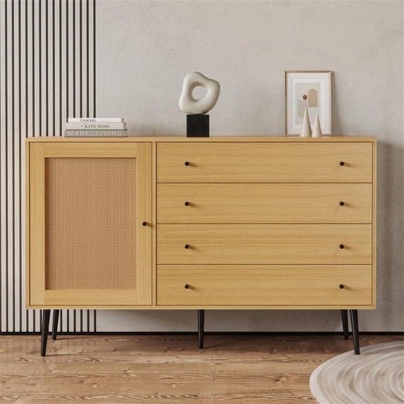 Resenkos Mid-Century Modern Wood Kitchen Buffet Sideboard, Entryway Serving Storage Cabinet, Oak