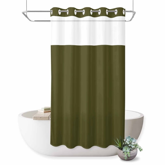 Olive Green No Hook Shower Curtain Solid Color Shower Curtain with See Through Top Window, Waterproof Washable Fabric Curtain for Bathroom Hotel Decor, 36Wx72L