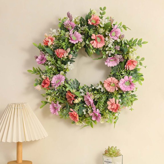 Eespoir Front Door Fragrant Flowers Garlands, Outdoor Flower Porch Decoration, Leaves And Money s Hanging Wreath For Welcome Sign, Patio Decor, Seasonal Greeting(Pink)