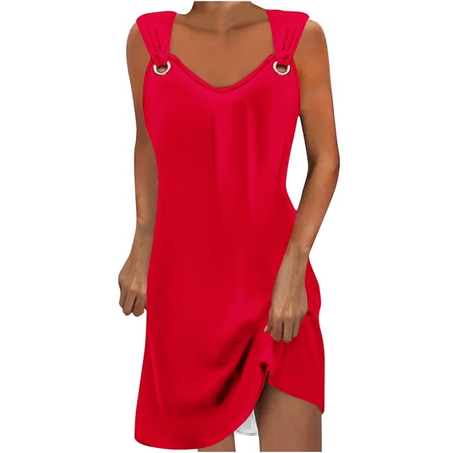 Penkiiy Robes d'Été pour Femmes 2024 Décontractées Imprimées Amples Couleur Unie Col Rond Tempérament Élégantes Robes Dos Nu TG Rouge