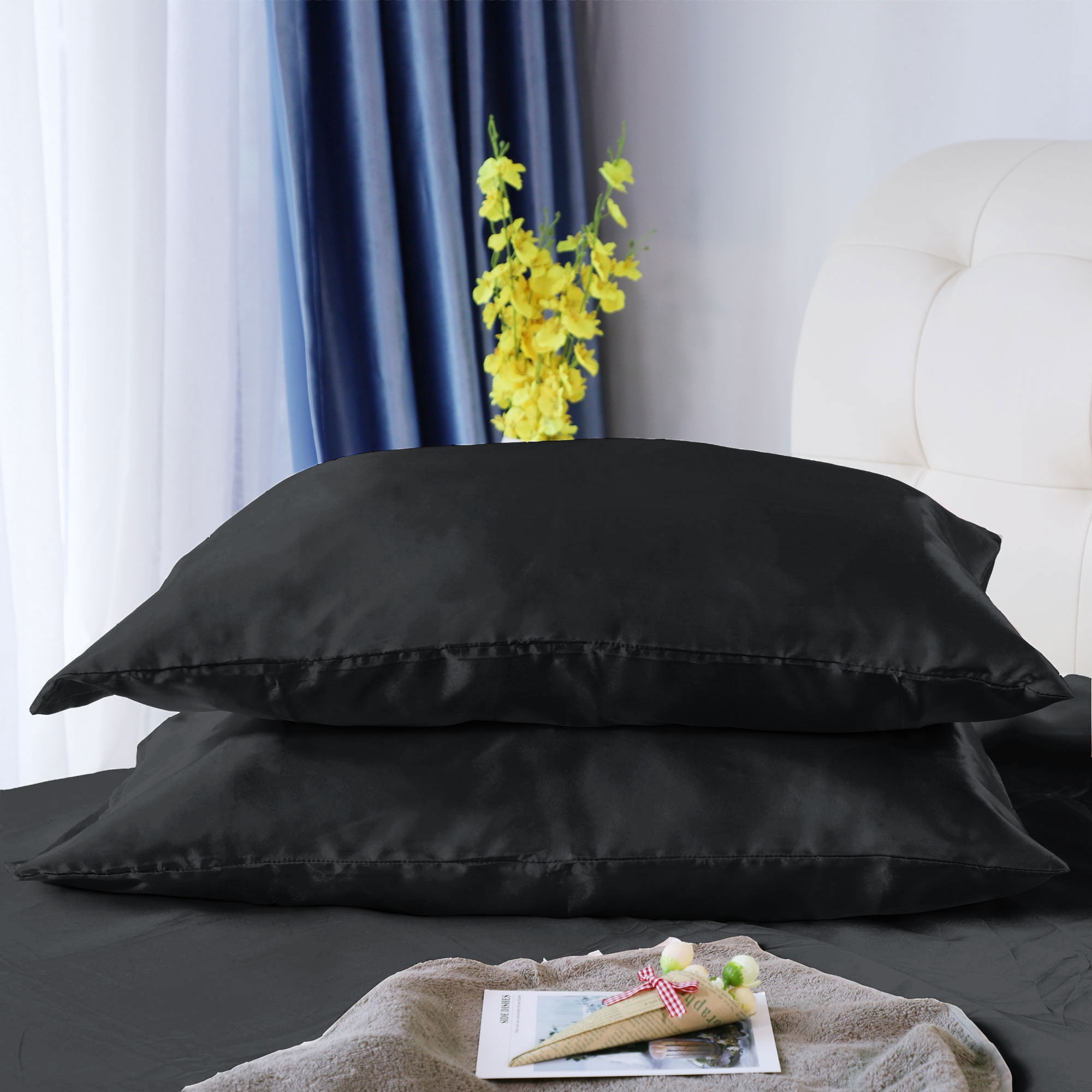 REGALWOVEN 3Pcs Satin Duvet Cover Set with 2 Pillowcases, Black Queen