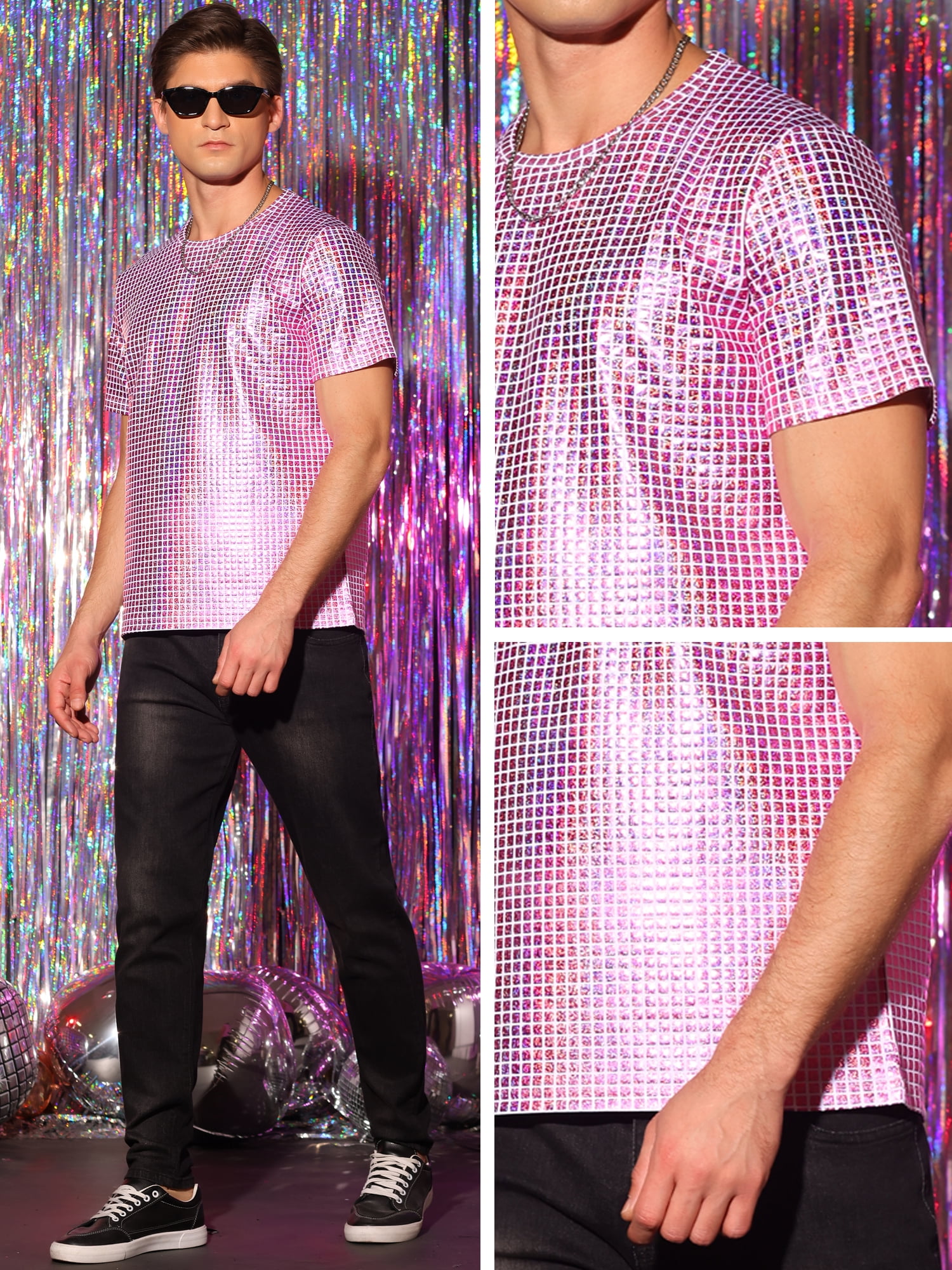 DARING DIVA Men's Metallic Round Neck Short Sleeves Sparkle Glitter T-Shirt S Pink