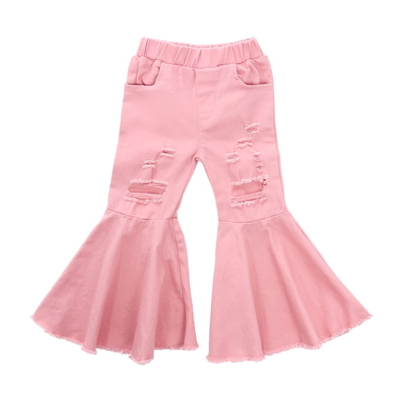 LMLYSoH Baby Girls Ripped Flare Pants Solid Color Elastic Waist Hollow Out Trousers Kids Vintage Bell Bottom Pants