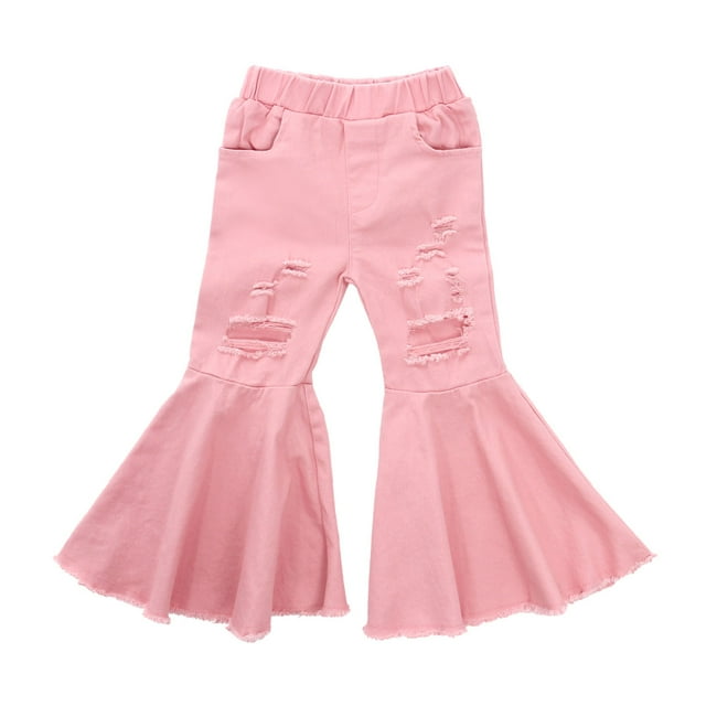 Xingqing Toddler Girls Flare Pants Denim Ripped Jeans Bell Bottom Long Pants Kids Ruffle Leggings Trousers
