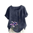 thumbnail image 5 of Wiyuqeen Woman Boho Linen Shirts Rolled Short Sleeve Floral Tshirs Crew Neck Casual Loose Graphic Tees Plus Size Summer T-Shirts, 5 of 5