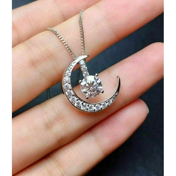Forever Jewels 2.00Ct Round Moissanite Half Moon Women Pendant 14K White Gold Plated