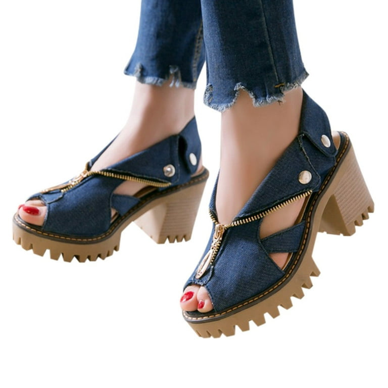 Slippers Women High Platform Woman Summer Denim Sandals Thick