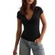 thumbnail image 3 of Camiseta de Mujer con Escote en V Profundo, Color Liso, Corta, Ajustada, para y Verano. Negro S, 3 of 10