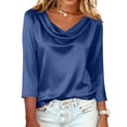 thumbnail image 7 of Dressy Tops for Women 3/4 Sleeve Silk Satin Blouses Business Work T Shirts Loose Fit Cowl Neck Spring Summer Outfits 2026 Blue 2XL, 7 of 7