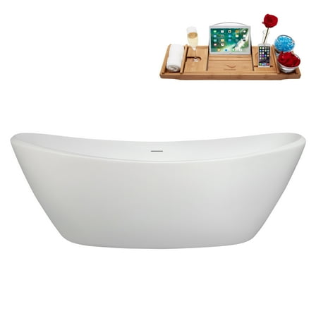 75" Streamline B-512-238-WH Soaking Glossy White Freestanding Tub and Tray With Internal Drain in Glossy White