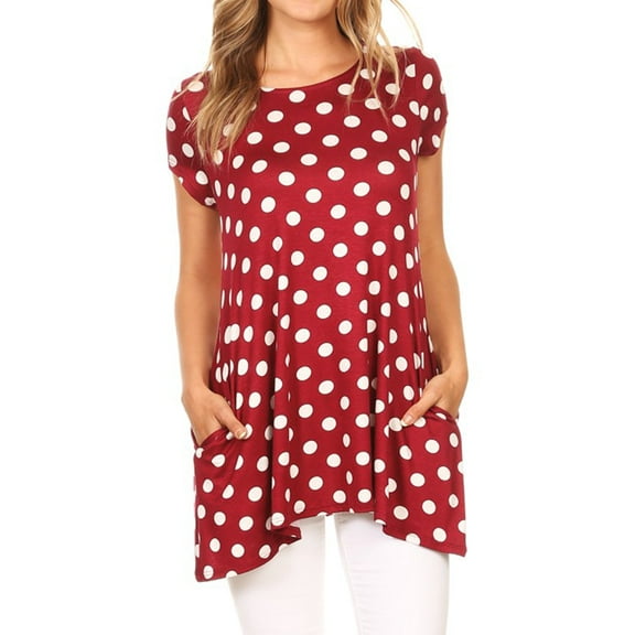 Women's Casual Polka Dot Short Sleeve Round Neck Tunic Tops with Side Pockets