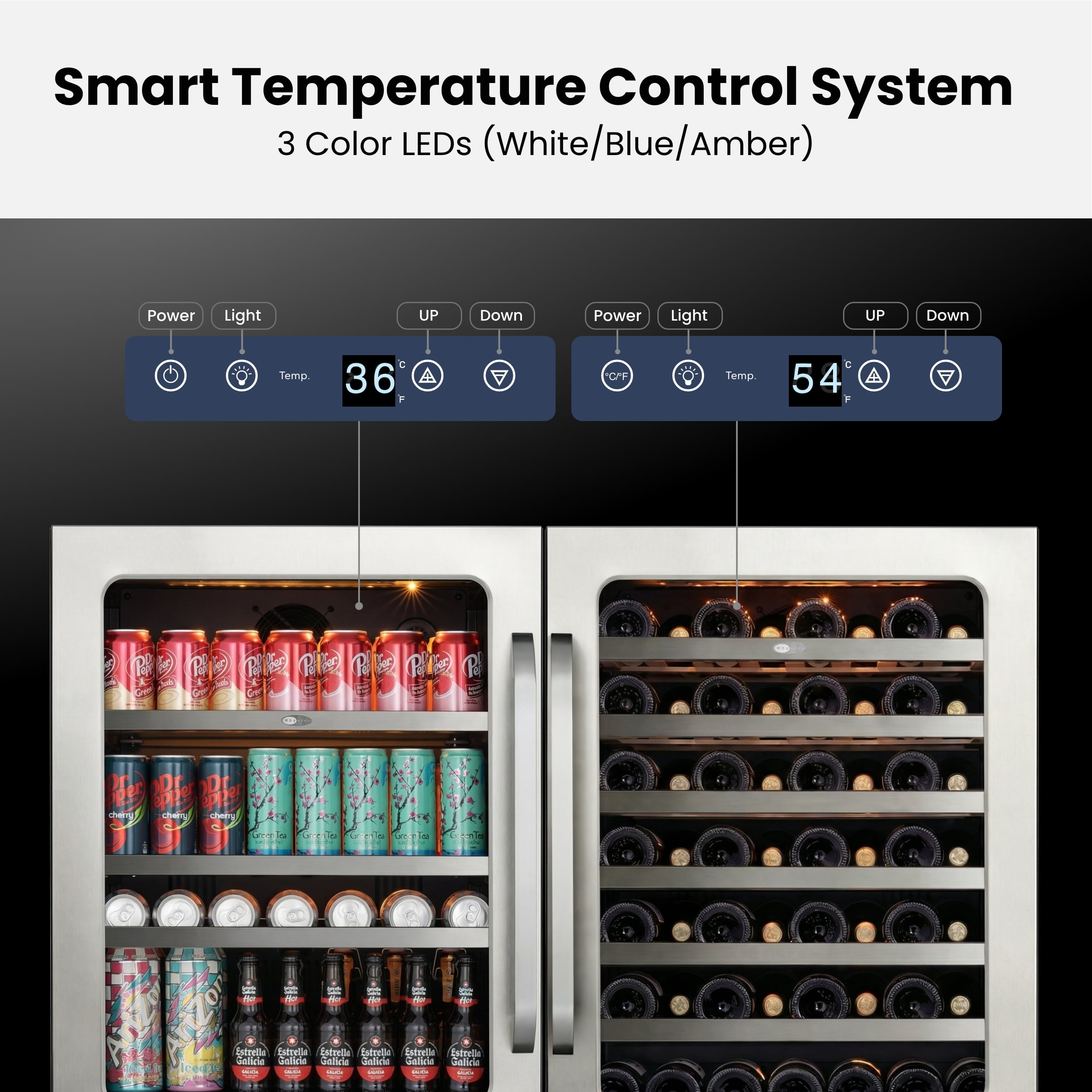 Whynter 48" Wine Cooler and Beverage Refrigerator - 2×24'' Wine Cooler Side by Side - Dual Zone Under Counter Fridge, Hold 140 Cans and 54 Bottles