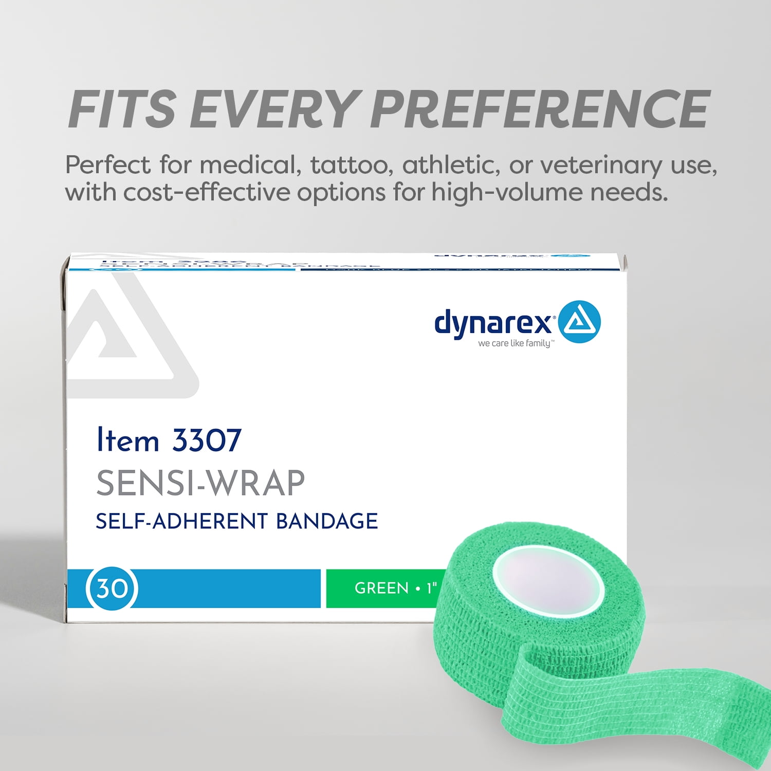 Dynarex Sensi-Wrap Self-Adhesive Bandages, 30-Pack, 1" x 5 yards, Green, Latex-Free, Colored Elastic Cohesive Athletic Tape, Tattoo Grip & Vet Wrap