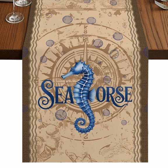 Table Runners 90 Inches Long Dress Scarves, Vintage Seahorse Farmhouse Coffee/Dining/Kitchen Table Runner for Living Room, Brown Nautical Anchor Bubbles Coastal 13x90 Inch