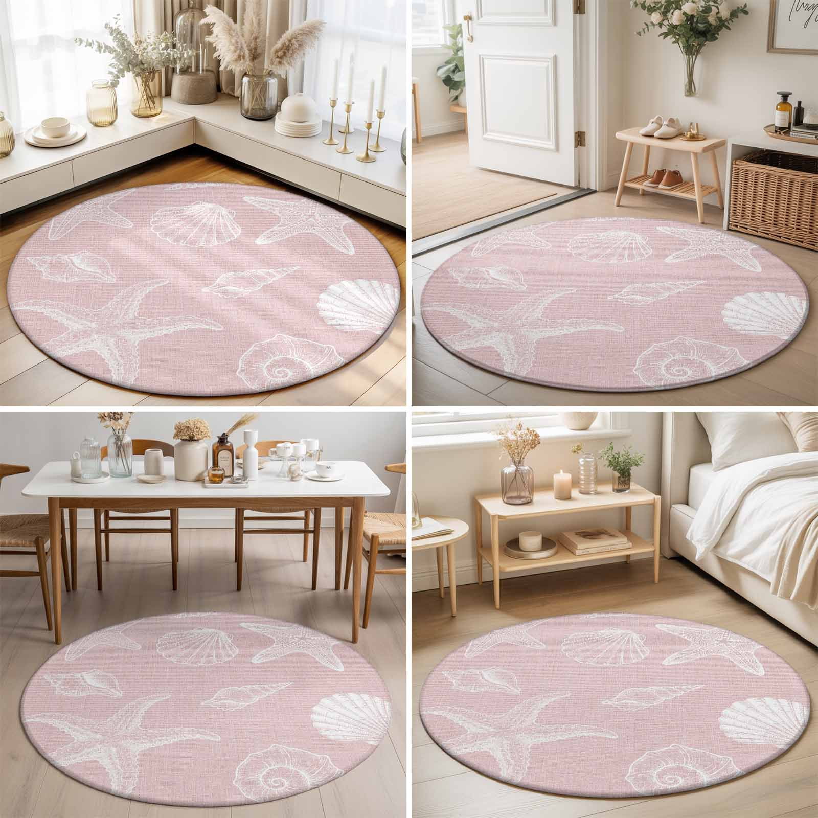 Round Area Rugs 4Ft, Marine Life Non-Slip Washable Circle Rugs Carpet, Summer Ocean Starfish Conch Seashell Pink Indoor Outdoor Rug Floor Mats Throw Runner for Bedroom Living Room Bathroom