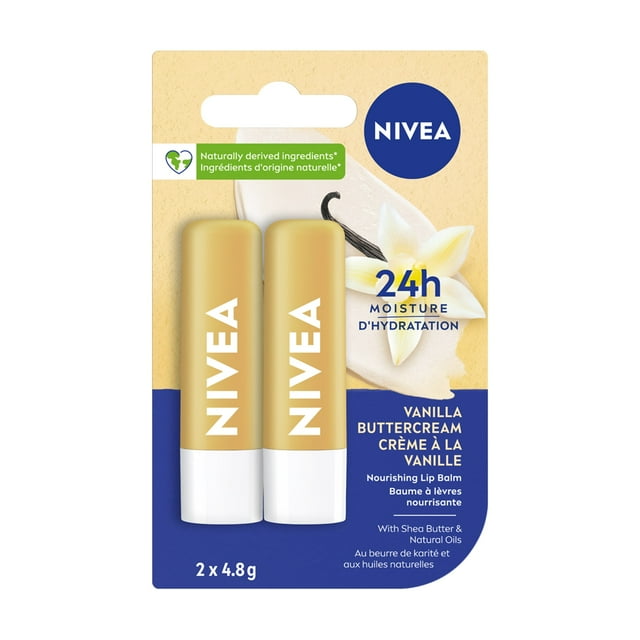 NIVEA Vanilla Buttercream 24H Moisture Lip Balm Sticks, 2 Pack