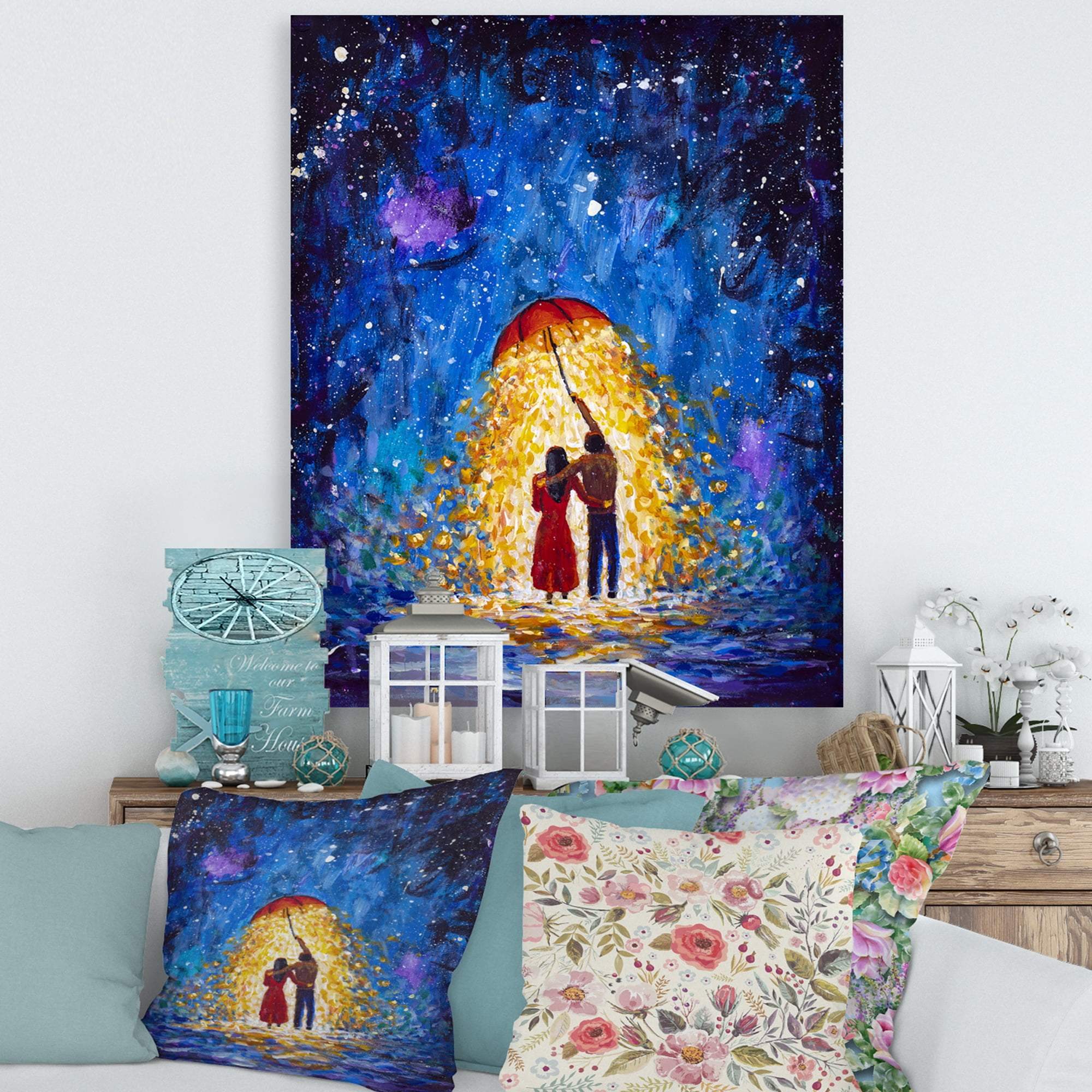 Designart ' Abstract Couple In Love Walks Under Glowing Umbrella ' French Country Canvas Wall Art Print