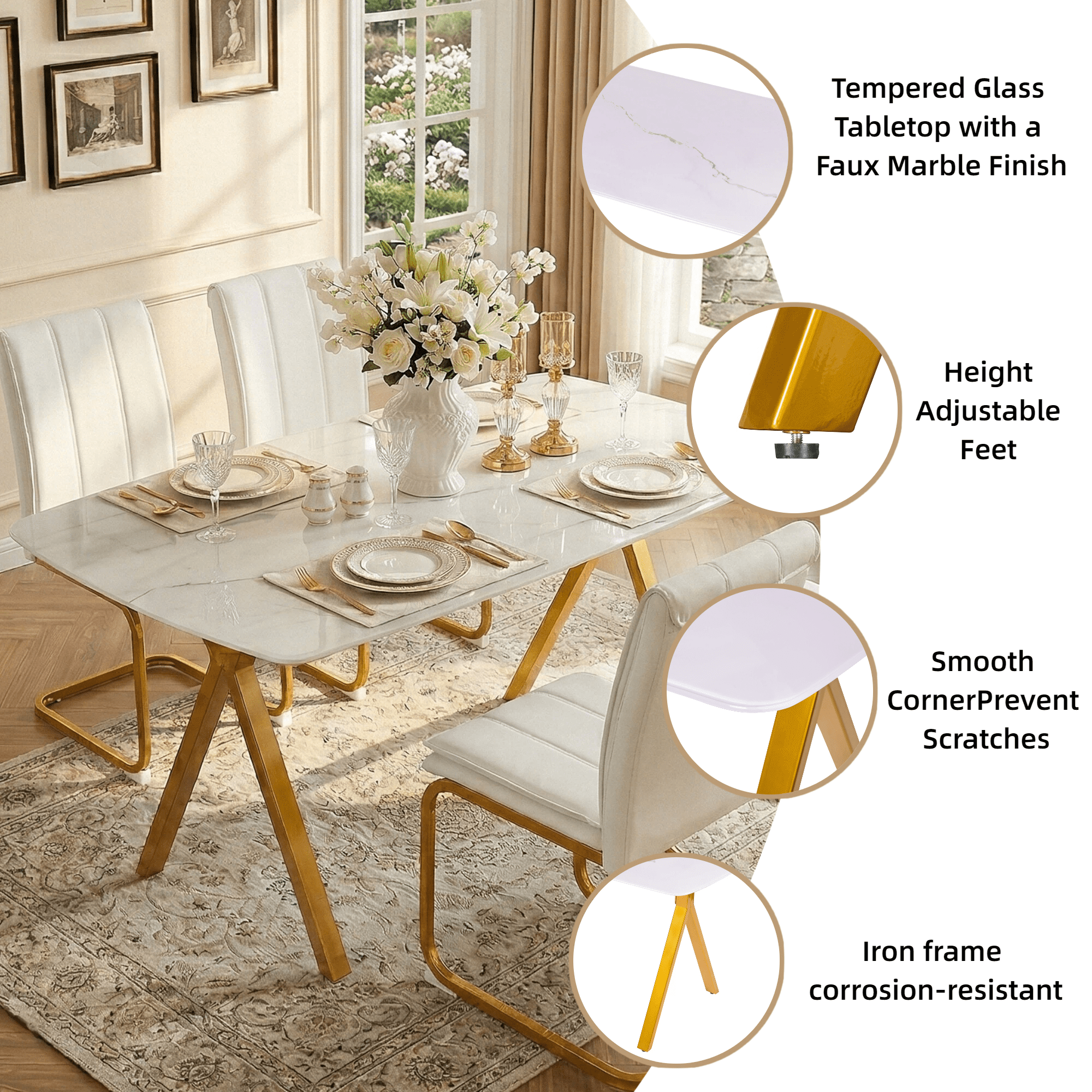 Mintazer 51" Modern Rectangular Dining Table with Marble Tempered Glass Top & Gold Metal Legs, Kitchen Table for 4-6 People, Gold & White