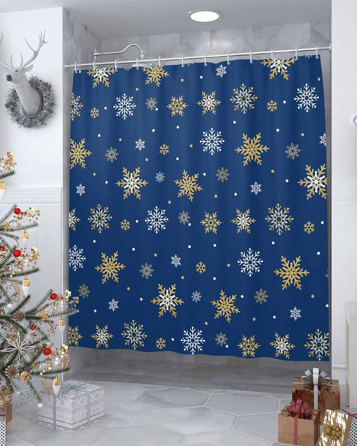 Christmas Shower Curtain Gold White Snowlfake Shower Curtains for Bathroom Decor Blue Background Christmas Decoration Bath Curtains Sets with Hooks Waterproof, 72x84 in