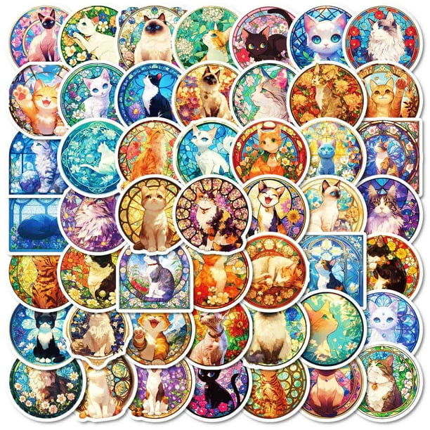 Paquete de pegatinas Art Nouveau Cat, 50 unidades, estilo vitral