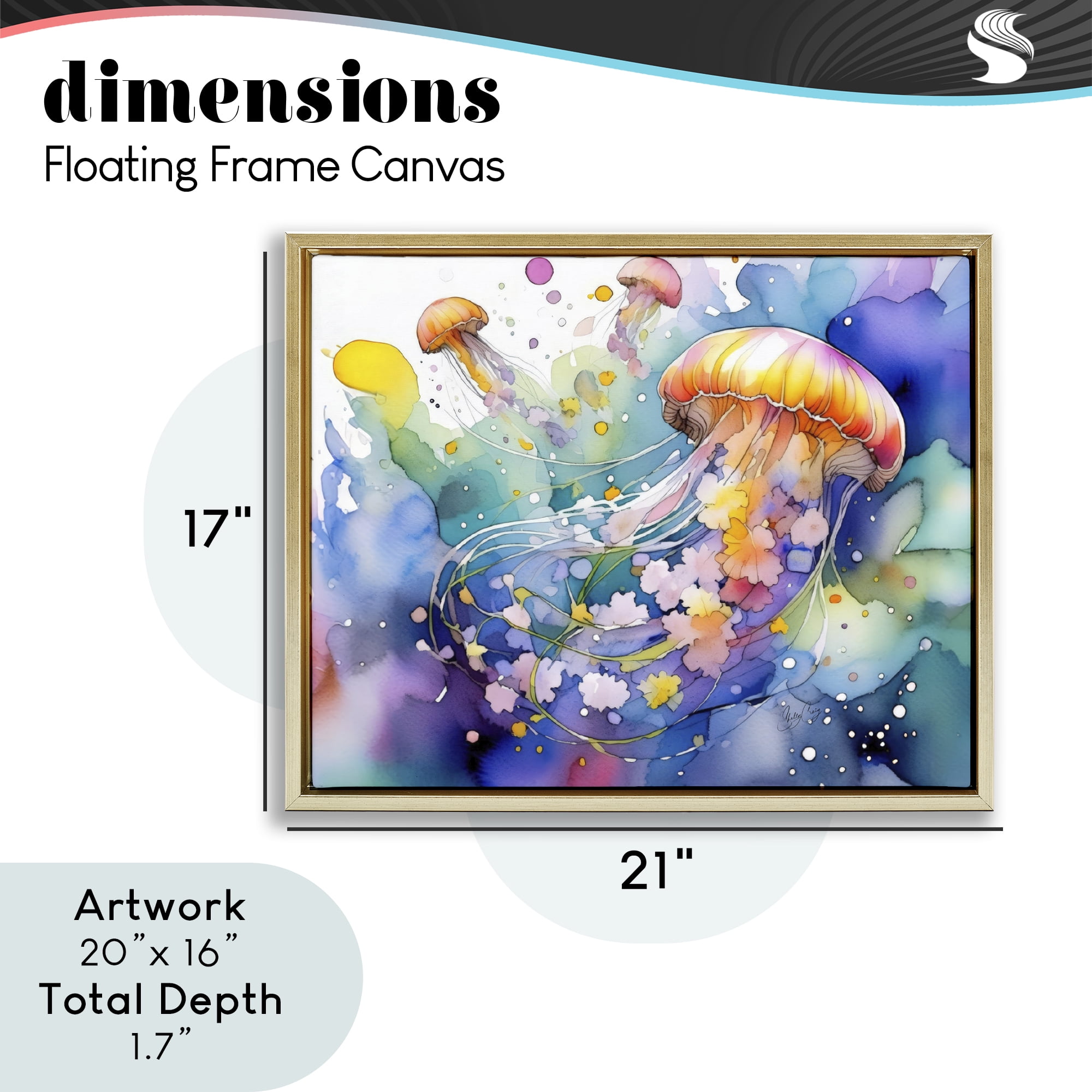 Stupell Industries Neon Jellyfish Underwater Gold Framed Floater Canvas Wall Art, design by Shelly Craig