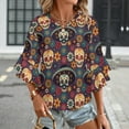 thumbnail image 3 of Colorful Collection Of Skulls And Flowers Women's V-Neck Blouse With 3/4 Ruffled Bell Sleeves Casual Top Ladies Blouses, 3 of 7