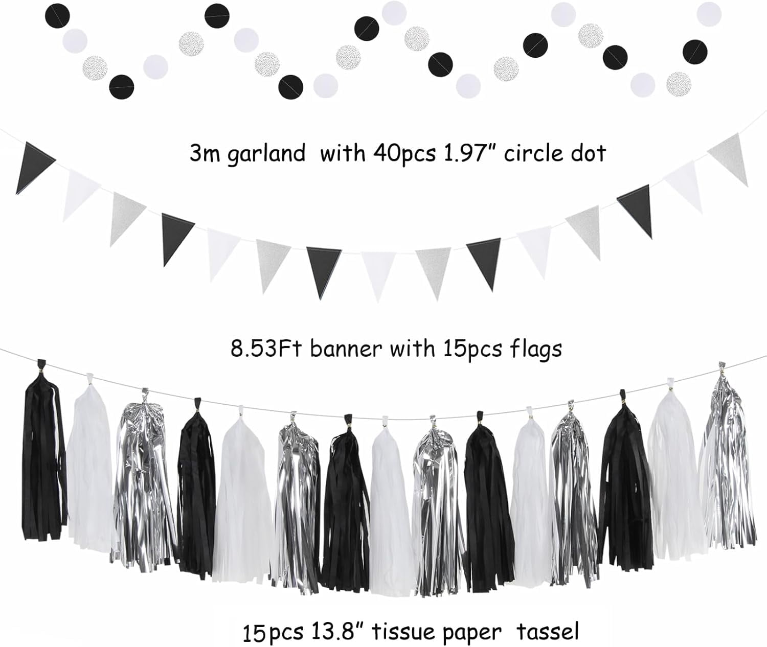 NestE Black White-Silver Party-Decorations - 33pcs Kits Banner,Graduation Streamer Tassel Garland,Tissue Pom Poms Honeycomb,Paper Lantern Fans,Birthday Wedding Baby Bridal Shower New Years Decor