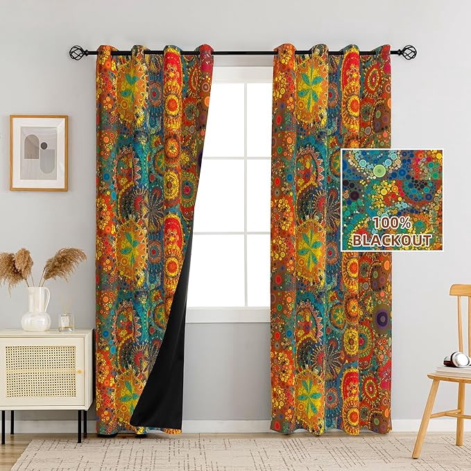 Boho Blackout Curtains For Bedroom & Living Room, 80% Blackout, Colorful Bohemian Hippie Pattern, Multicolor Funky Abstract, Classic Modern Rustic Window Curtains 53"W x 84"L (Pack of 2)