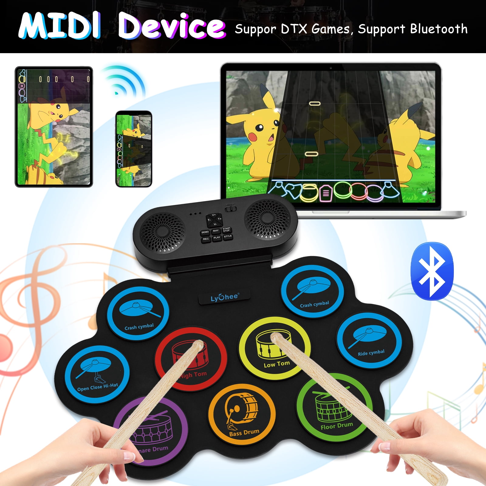 Lychee Electronic Drum Set with Headphone Jack, 9 Stereo Roll-up Drum Practice Pad, Built-in Speaker Drum Pedals Sticks Support External Connection, Great Holiday Xmas Birthday Gift for Kids