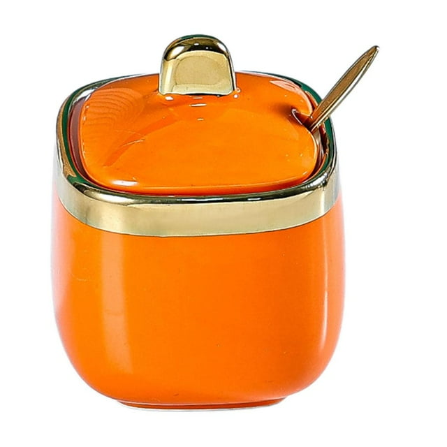CUITING Ceramic Sugar Bowl Container with Lid and Spoon Spice Seasoning Box Ceramic Condiment Pot Condiment Jar for Counter Orange